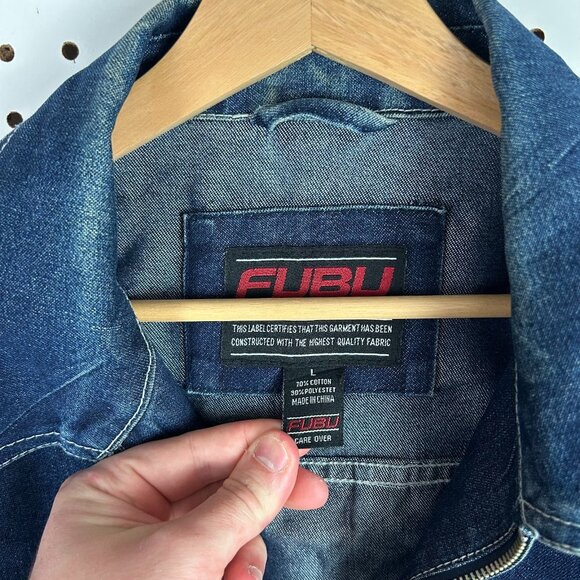 FUBU Denim Y2K Trucker Jacket Mens Large 90s Streetwear Blue Full Zip READ Skate - Picture 7 of 10